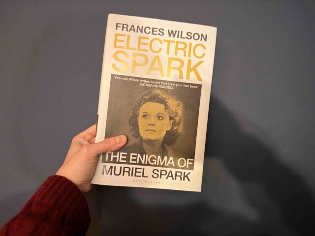 Hardbacl of Electric Spark held by my hand against a navy background